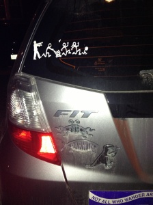 The following are the reasons why most Christians don't like my car... or me:  Yes, that is a zombie chasing a family.    All Hail The Flying Spaghetti Monster!!  Darwin Fish.  T-Rex eating a Jesus fish. 